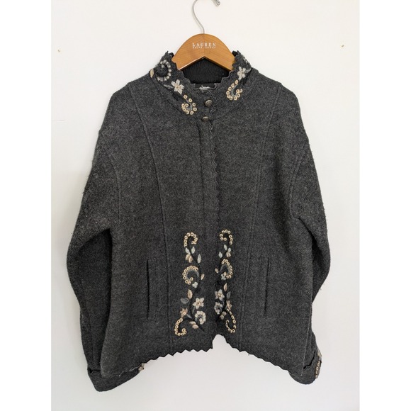 Icelandic Design 100% Wool Floral Embroidered Gray Jacket Large Womens Lined Zip - Picture 1 of 12